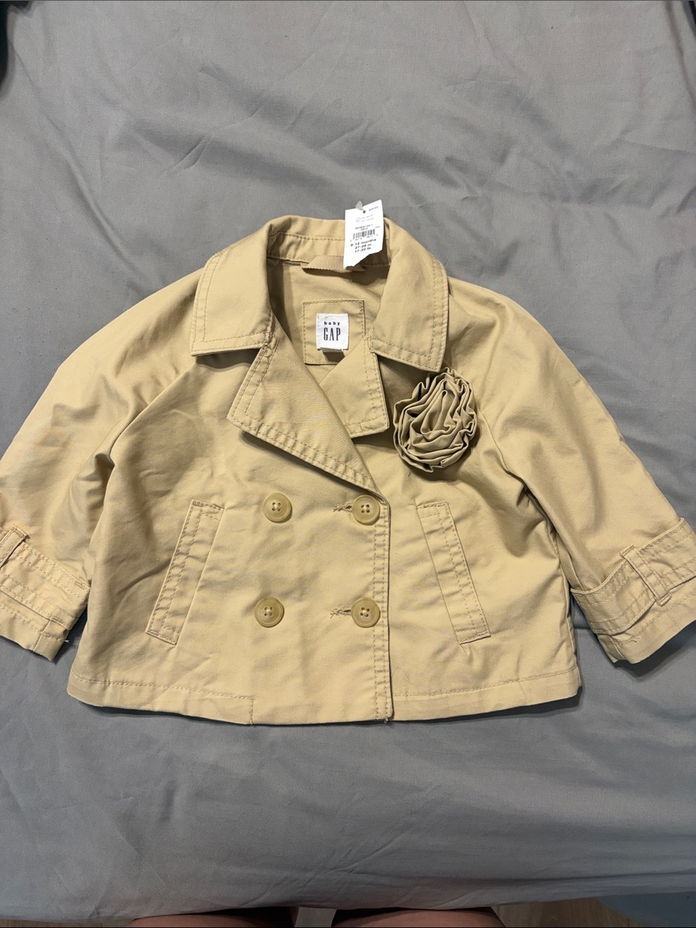 GAP Girls Tan Double-Breasted Pea Coat with Flower Accent